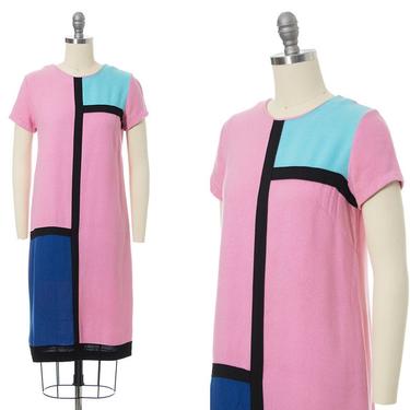 Vintage 1960s Shift Dress | 60s Mondrian Style Color Block Mod Pink Woven Rayon Day Dress (x-small) 