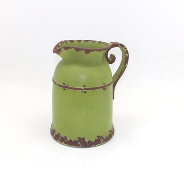 Ceramic Water Pitcher Green &amp; Brown Chippy Paint Flower Vase Bathroom Country Farmhouse Decor French Provincial Pottery Shabby Chic Lime 