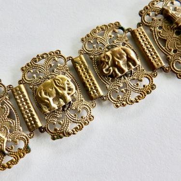 Antique Souvenir of Morocco Brass Bracelet Elephants Sabers Hand of Fatima 