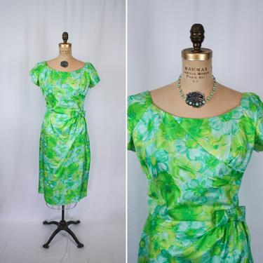 Vintage 50s dress | Vintage green blue floral wiggle dress | 1950s Miss Brooks dress 