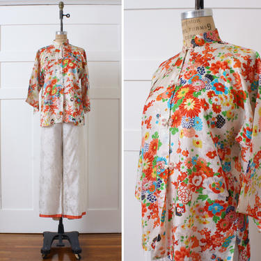 vintage 1950s 60s pajama set • made in Japan colorful floral kimono jacket &amp; wide leg pants 