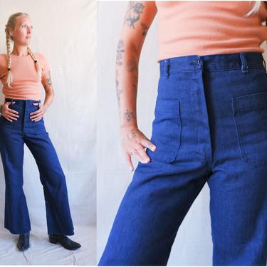 Vintage 80s Dark Wash Sailor Denim/ 1980s High Waisted Patch Pocket Bell Bottom Jeans/ USN Dungarees/ Size 28 