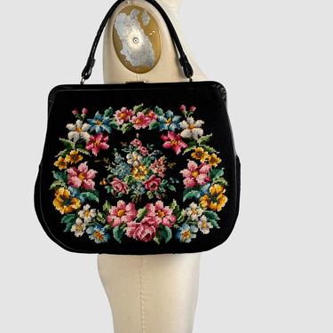 CRAFTWORKS Vintage 50s Large Needlepoint Purse | 1950s Black Floral Tapestry Bag with Pink Leather Lining | 40s 60s Needle Point Handbag 