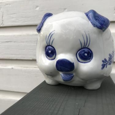 Vintage Blue and White Ceramic Piggy Bank 