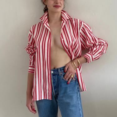 80s cotton striped blouse / vintage red awning striped pinstripe cotton Saks Fifth Avenue blouse shirt | L 