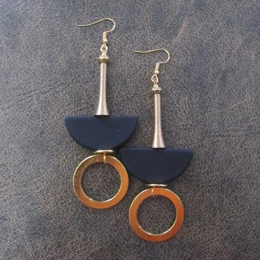 Brass statement earrings, large bold earrings, Afrocentric African earrings, long geometric earrings, black and gold earrings, modern 