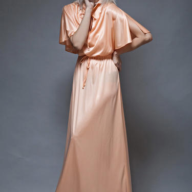 vintage 70s boho hostess maxi dress peach orange slinky cascading drape soft MEDIUM LARGE M L 