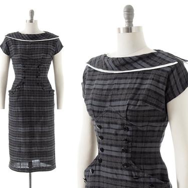 Vintage 1950s Sheath Dress | 50s Grey Plaid Cotton Tartan Tailored Wiggle Midi Joan Mad Men Day Dress (small/medium) 