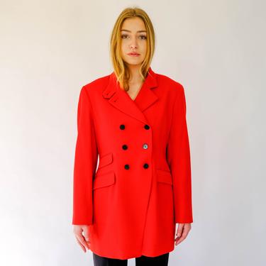 Vintage 90s DKNY Red Wool Gabardine  Double Breasted Asymmetrical Long Blazer w/ Large Black Buttons | 100% Wool | 1990s Designer Jacket 