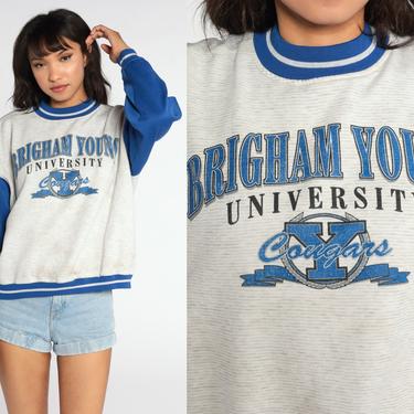 BYU Sweatshirt 80s Sweatshirt College Brigham Young University Shirt Pullover Ringer Sweatshirt Jumper 1980s Blue Vintage Grey Medium 