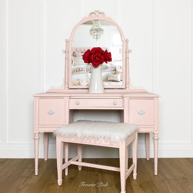 NEW - Vintage Pink Vanity with Swivel Mirror and Faux Fur Bench 
