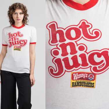 80s Wendy's Hot N Juicy Hamburgers T Shirt - Small to Medium | Vintage Red &amp; White Fast Food Burger Unisex Ringer Tee 