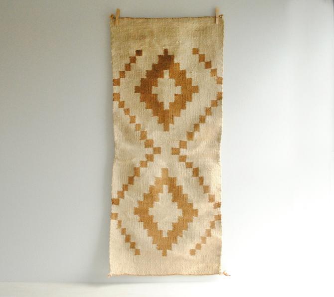 Vintage Indian Weaving, Gallop Throw, Native American Wall Hanging, Navajo Rug, Indian Saddle Blanket, White and Brown Indian Weaving 