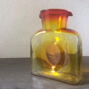 Blenko Tangerine Yellow Red Amberina Glass Water Bottle Carafe,   Double Spout Water Bottle, Decanter / Vase 