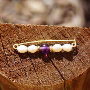 Vintagw 14k Yellow Gold Baroque Pearl &amp; Amethyst Pin, Cute Gold Safety Pin With Amethyst Bead And Textured Pearls, Petite Brooch Pin, 1/2” L 