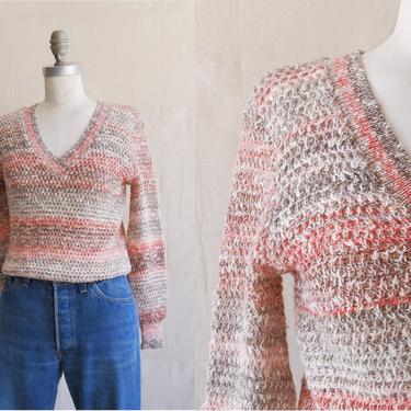 Vintage 80s Space Dyed Cotton Sweater/ 1980s Red Brown V Neck Knit Sweater/ Small 