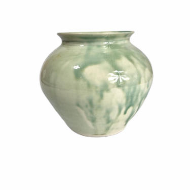 Vintage Green Drip Glaze Studio Pottery Planter Pot Vase, signed 