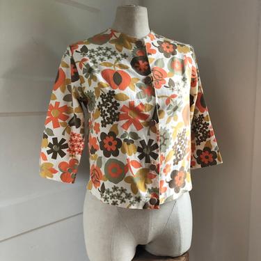 1950s / 1960s Handmade Fun Floral &amp; Fruit Print 100% Cotton 3/4 Sleeve Button-Up Top- size XS (as is) 