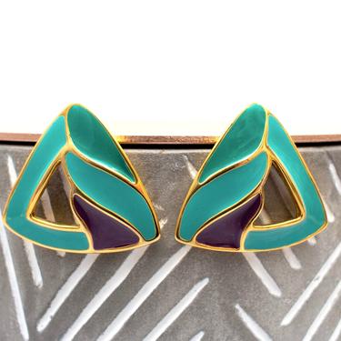 Vintage 1980s Art Deco Earrings - Turquoise, Purple & Gold Enamel Triangle Statement Earrings 