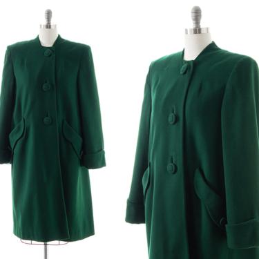 Vintage 1940s Coat | 40s Dark Forest Green Wool Wide Sleeve Boxy Car Coat Warm Winter Overcoat (large) 
