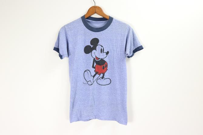 Vintage Ringer Tee / Mickey Mouse T Shirt / 90's Blue Top S/M 