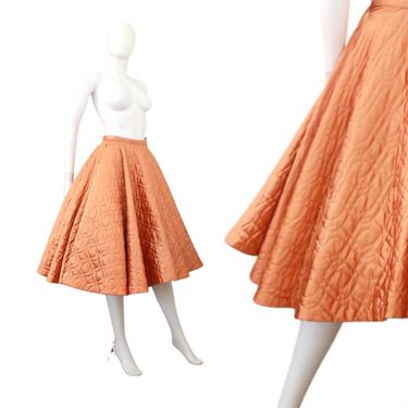 1950s Quilted Apricot Satin Skirt - 1950s Quilted Skirt - 1950s Fit & Flare Skirt - 50s Satin Skirt - 1950s Orange Skirt | Size Extra Small 