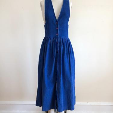 Bright Blue Corduroy Pinafore Dress - 1980s 