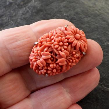 Art Deco Czech Coral Pressed Glass Floral Brooch 