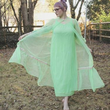 70s Vintage Sheer Green Peignoir Set Full Length, Chiffon Robe 