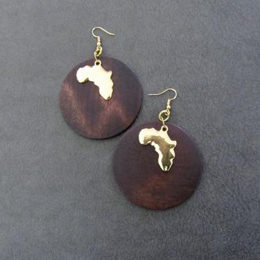 Large Africa earrings, gold earrings, brown wood earrings, bold statement earrings, Afrocentric earrings, huge earrings, pride earrings 