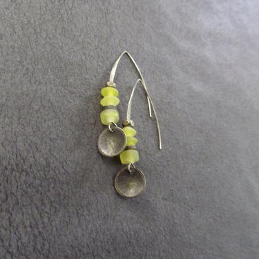 Sea glass earrings, bohemian earrings, beach earrings, brass boho earrings, long yellow dangle earrings, artisan ethnic earring, simple chic 