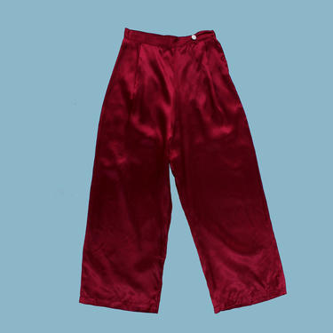 1940s Satin Pants / 40s Side Button High Waisted Lounge Pj Pants / Fuchsia Liquid Satin! 