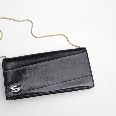 vintage jet black snakeskin clutch - gold chain strap / 70s disco purse - convertible clutch / day to evening handbag - 70s snakeskin purse 
