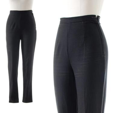 Vintage 1950s 1960s Cigarette Pants | 50s 60s Black Cotton High Waisted Skinny Trousers (x-small) 