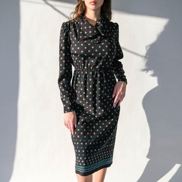 Vintage 70s LANVIN PARIS Black Convertible Cowl Collar Dress w/ Geometric Block Print | Made in France | 100% Wool | 1970s Designer Dress 