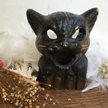 Vintage Halloween Paper Mache Black Cat Lantern, Halloween Pulp Cat Lantern, Cat Jack O Lantern, AS IS 