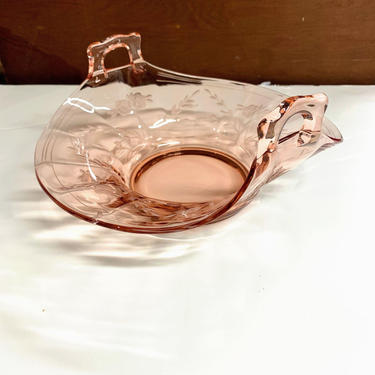 Vintage Pink Glass Etch Cut Floral Round Folded Dish Handled Elegant Glass 