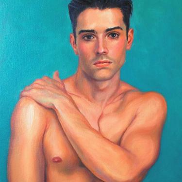 Young Man with Dark Eyes, Art Print from Original Oil painting by Pat Kelley. Male Nude Figurative Portrait, Handsome Man, 16x12 