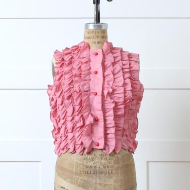 vintage 1960s ruffle blouse • bubblegum pink sleeveless babydoll top • designer Bill Atkinson top 