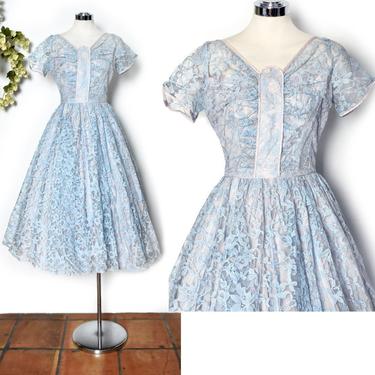 vtg Blue Lace Evening Gown Dress, 1950's Vintage Party Dress, Full Skirt, Lavender Gray, Sky Blue, Prom, Fit &amp; Flare, Dance Ball Gown 