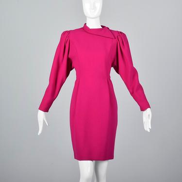 Oscar de la Renta Pencil Dress Long Sleeve Fuchsia Pink Wool Avant Garde Modest Wear to Work Dress Vintage 1980s 80s 