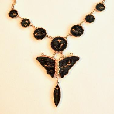 Japanese Niello Damascene Moth Necklace 