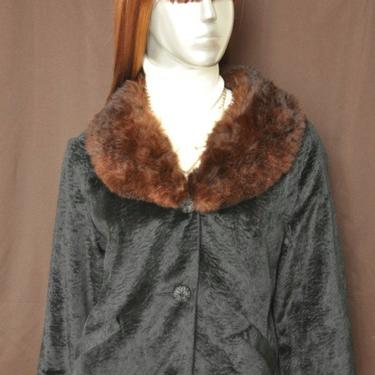 Vintage Black Velvet Jacket with Brown Fur Trim Size M Women's 1960's Fur Collar Jacket Pinup Style 
