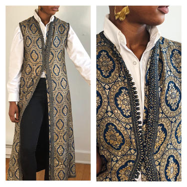 Vintage 1960s 1970s 60s Long Maxi Vest Hand Embroidered Ethnic Metallic Sleeveless Jacket Duster Kimono Extra Small 