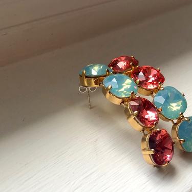 Blue and Pink Swarovski Crystal Handmade Statement Curved Stud Earrings 