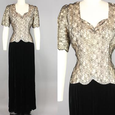 1940s Velvet & Lace Gown · Vintage 40s Black and Champagne Formal Evening Dress · Medium 