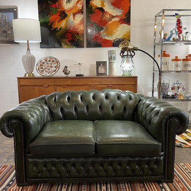 Vintage Greeen Leather Tufted Chesterfield Loveseat by Winchester Furniture