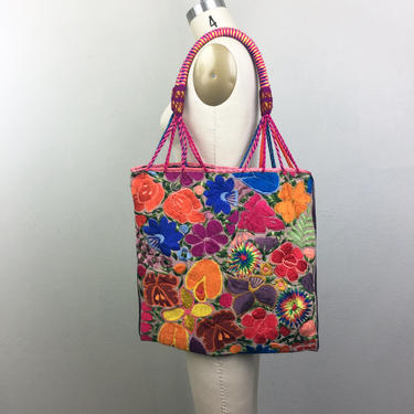 Vintage MEXICAN Large Tote Bag Purse Embroidered Flowers Huipil Shoulder Bag Ethnic Boho 