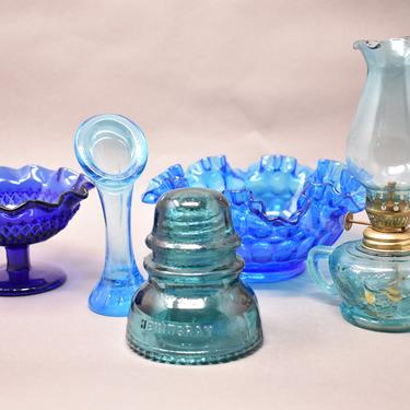 Assorted Blue Green Glass Home Decor | Bud Vase | Fenton Glass Bowl | Hurricane Lamp | Pedestal Candy Dish | Hemingray Insulator | Teal Aqua 