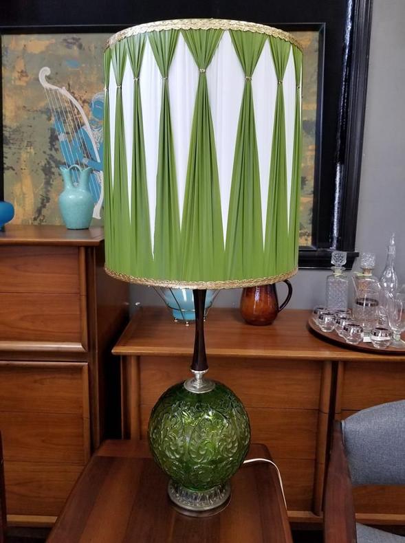 Mid-Century green glass lamp with ornate shade